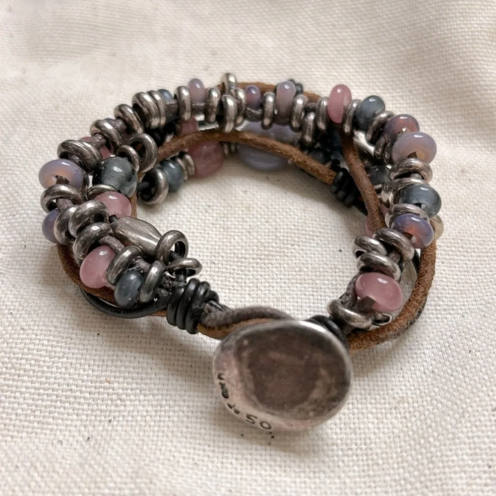 Uno de 50 Silver Leather Heather Pink Lavender Multi-strand Bracelet - Picture 3 of 6